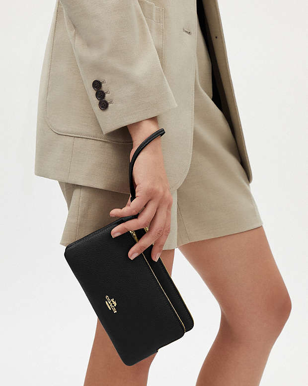 Double Zip Wallet Pebbled Leather-Gold-Black Pebbled Leather-Gold-Black