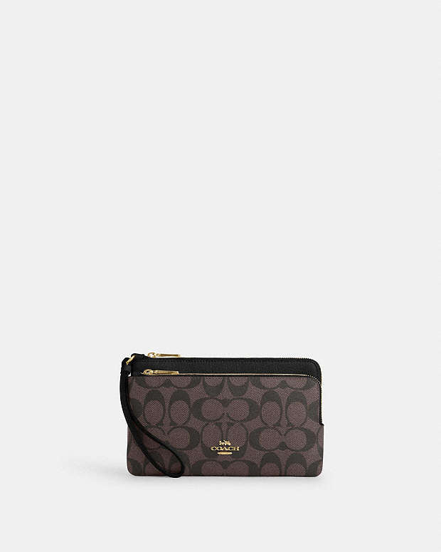 Double Zip Wallet In Signature Canvas Signature Canvas-Gold-Brown Black Signature Canvas-Gold-Brown Black