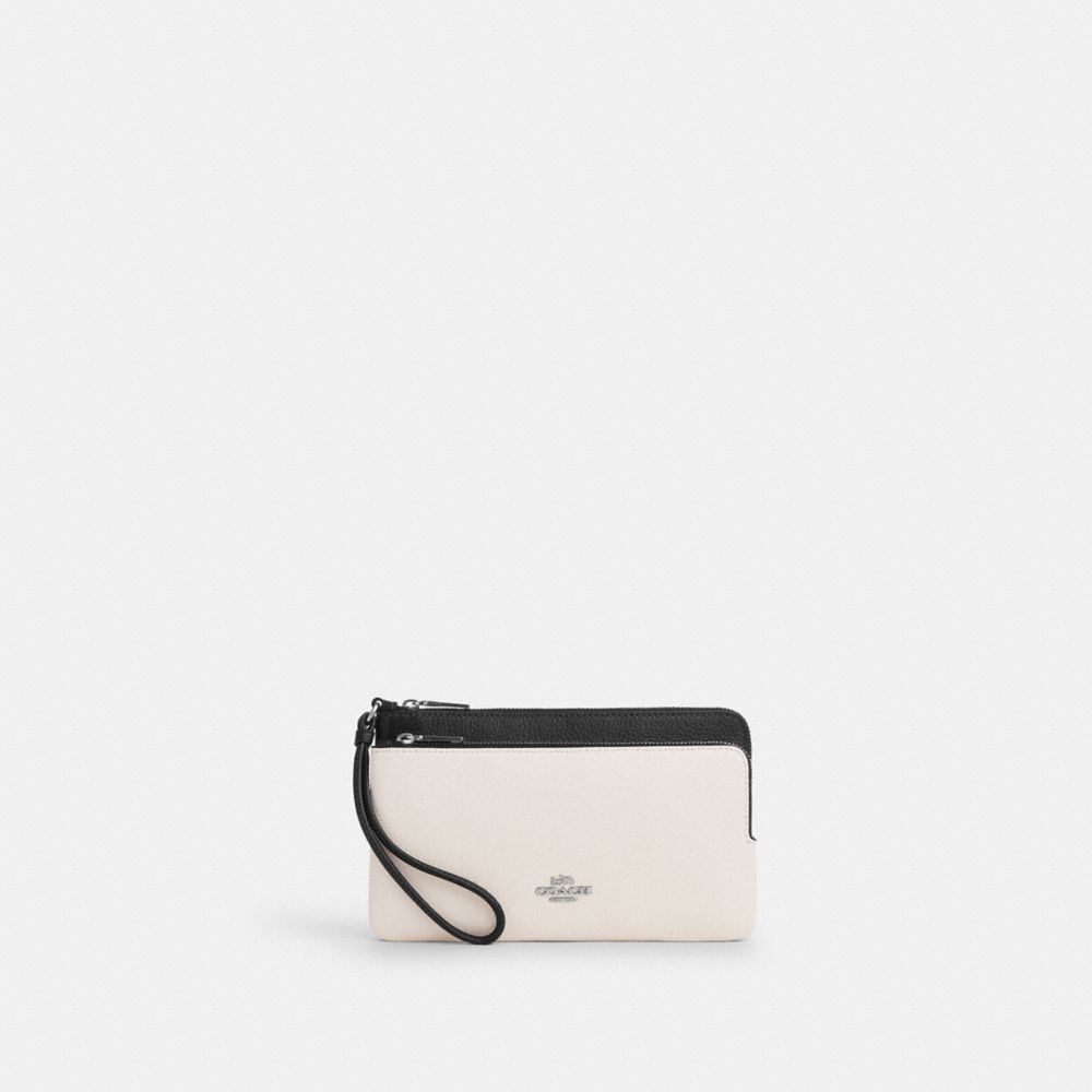 Coach Double Zip Wallet Silver Chalk Black Multi