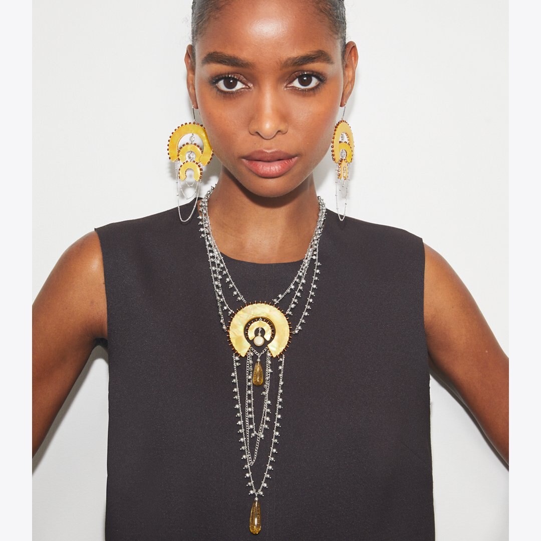Tory Burch Curiosity Chandelier Earrings Antique Light Silver / Yellow