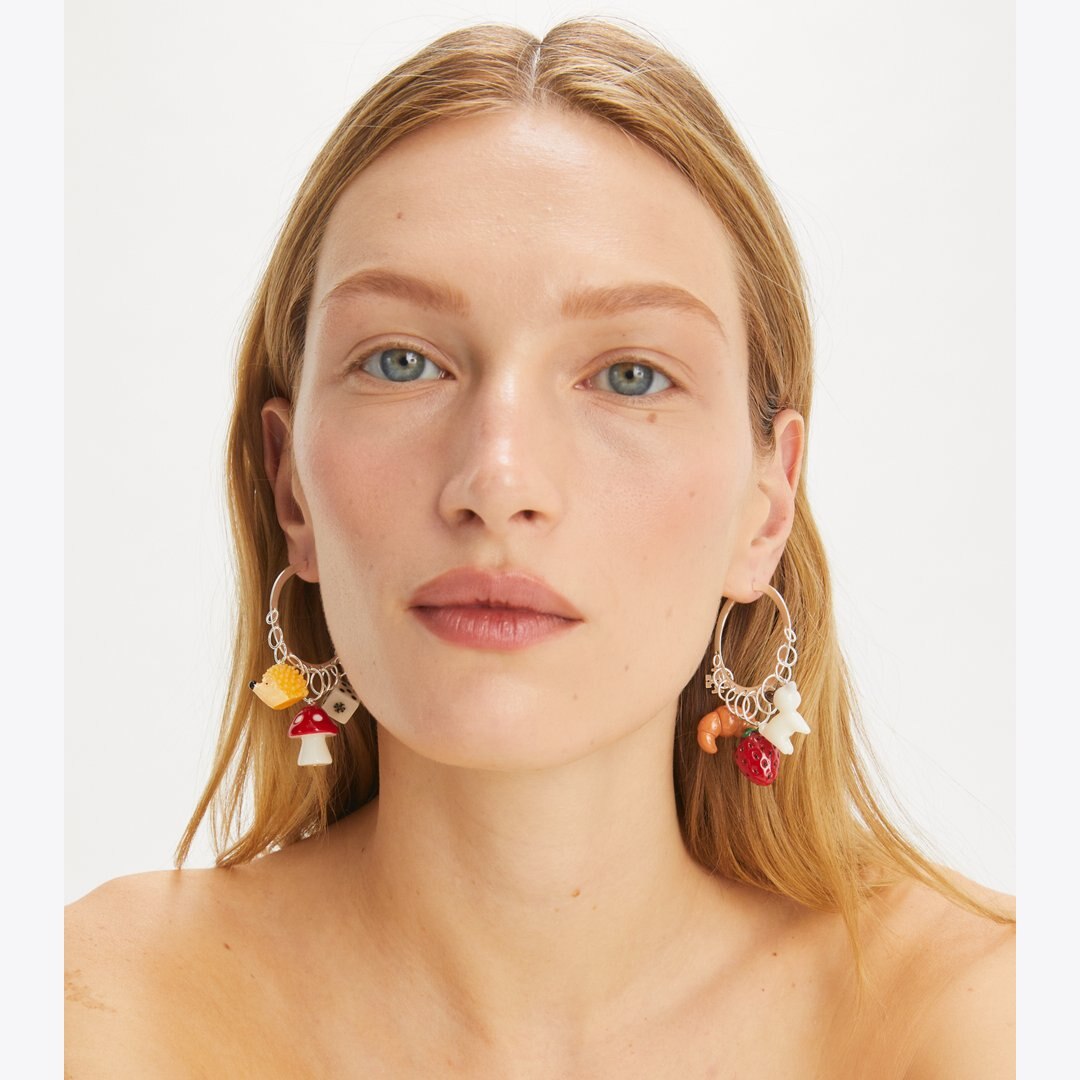 Tory Burch Curiosity Charm Hoop Earrings Light Silver / Multi