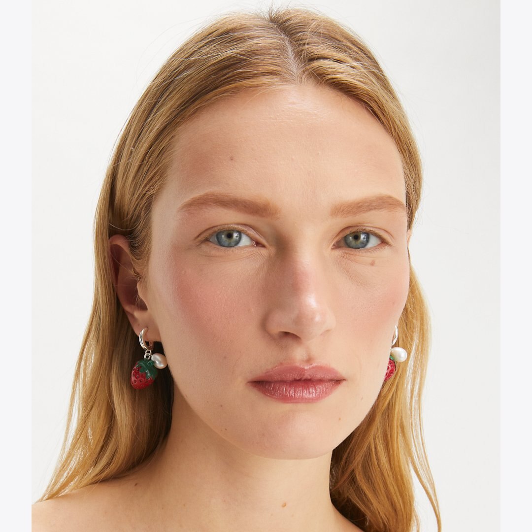 Tory Burch Curiosity Strawberry Earrings Light Silver / Red / Pearl
