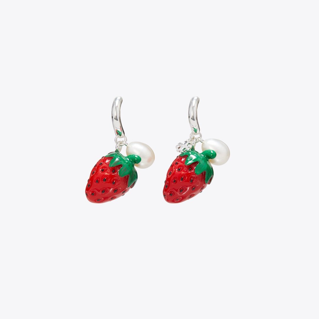 Tory Burch Curiosity Strawberry Earrings Light Silver / Red / Pearl