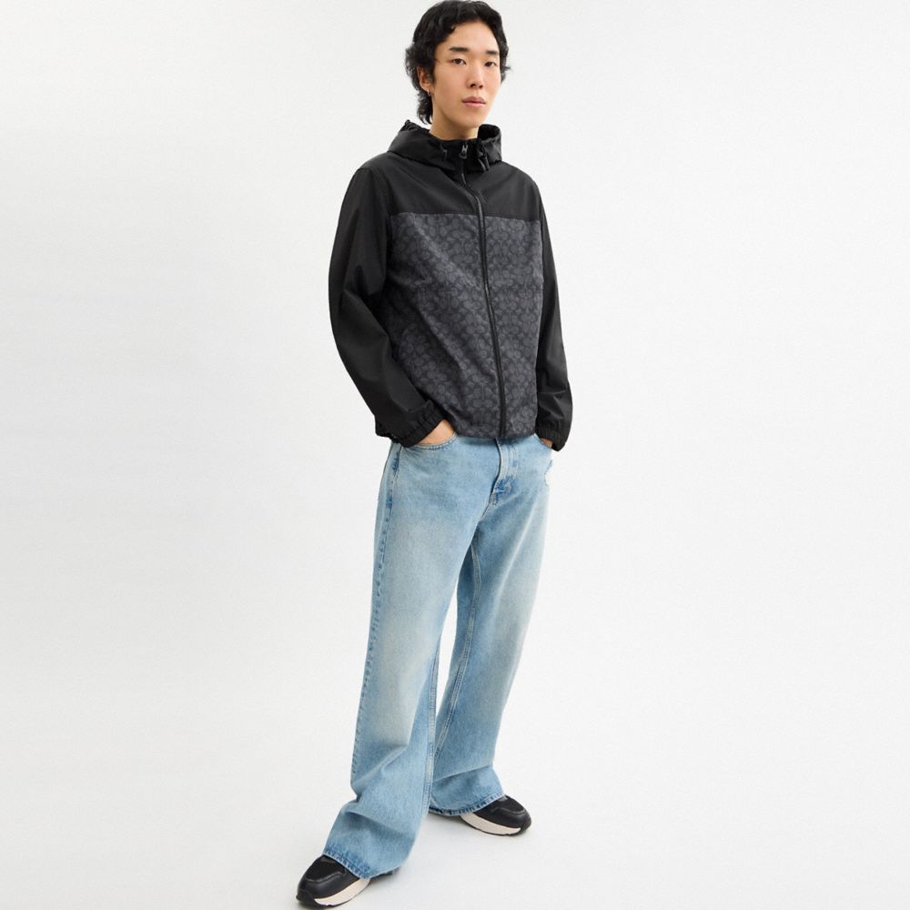 Coach Signature Full Zip Windbreaker In Recycled Polyester Charcoal Signature