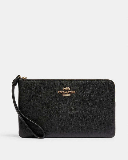 Large Corner Zip Wristlet Crossgrain Leather-Gold-Black Crossgrain Leather-Gold-Black