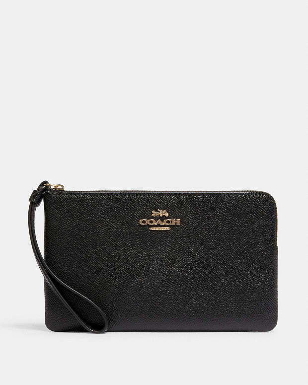 Large Corner Zip Wristlet Crossgrain Leather-Gold-Black Crossgrain Leather-Gold-Black