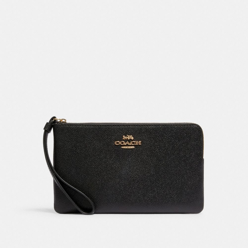 Large Corner Zip Wristlet Crossgrain Leather-Gold-Black Crossgrain Leather-Gold-Black