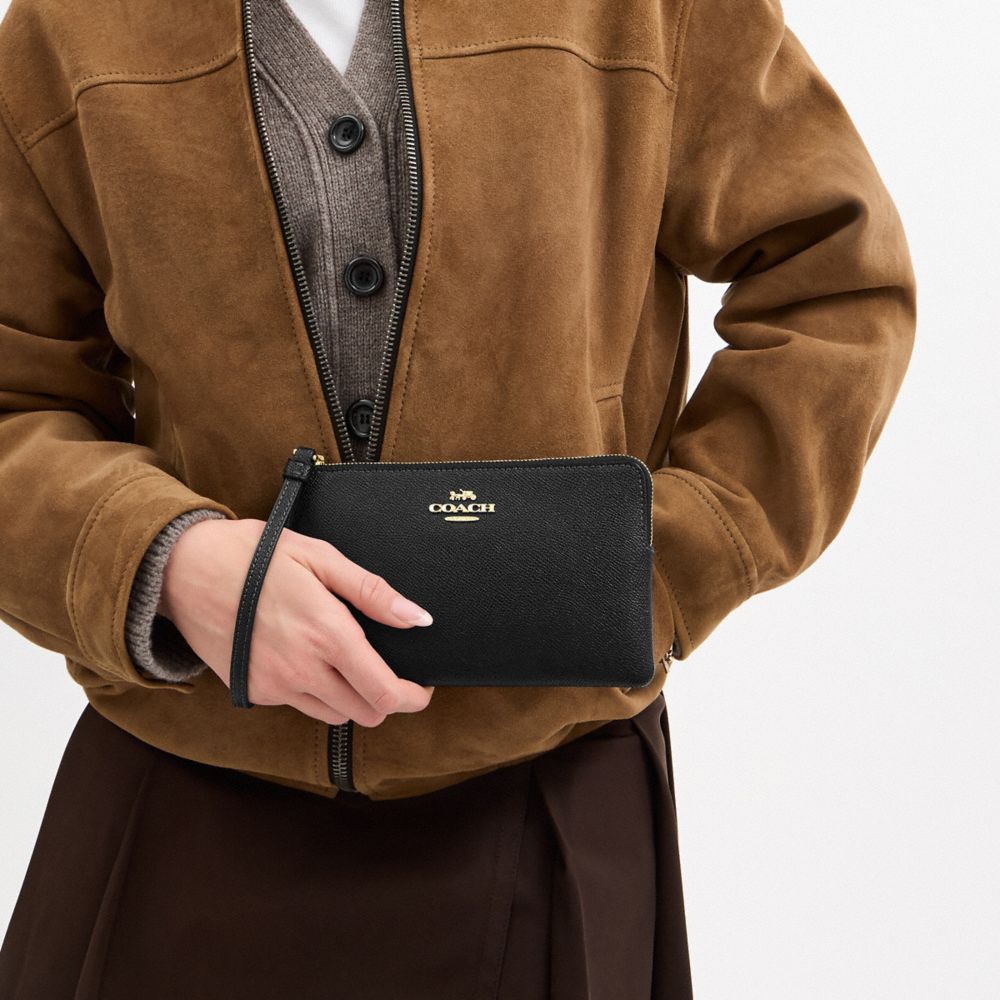 Large Corner Zip Wristlet Crossgrain Leather-Gold-Black Crossgrain Leather-Gold-Black