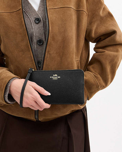 Large Corner Zip Wristlet Crossgrain Leather-Gold-Black Crossgrain Leather-Gold-Black