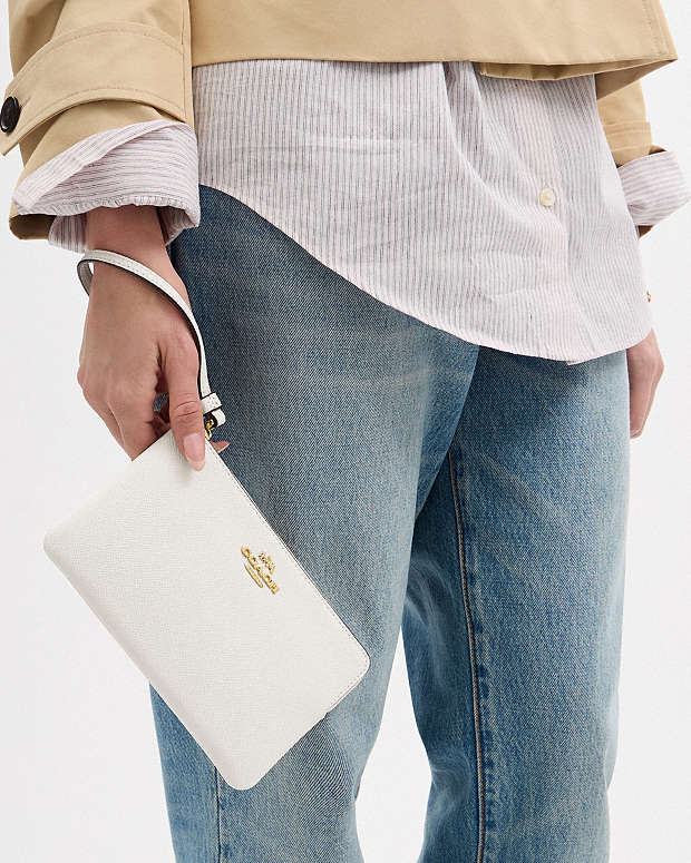 Large Corner Zip Wristlet Crossgrain Leather-Gold-Chalk Crossgrain Leather-Gold-Chalk