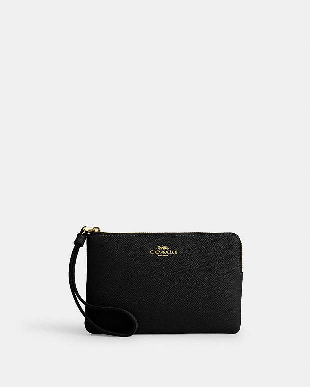 Corner Zip Wristlet Crossgrain Leather-Gold-Black Crossgrain Leather-Gold-Black