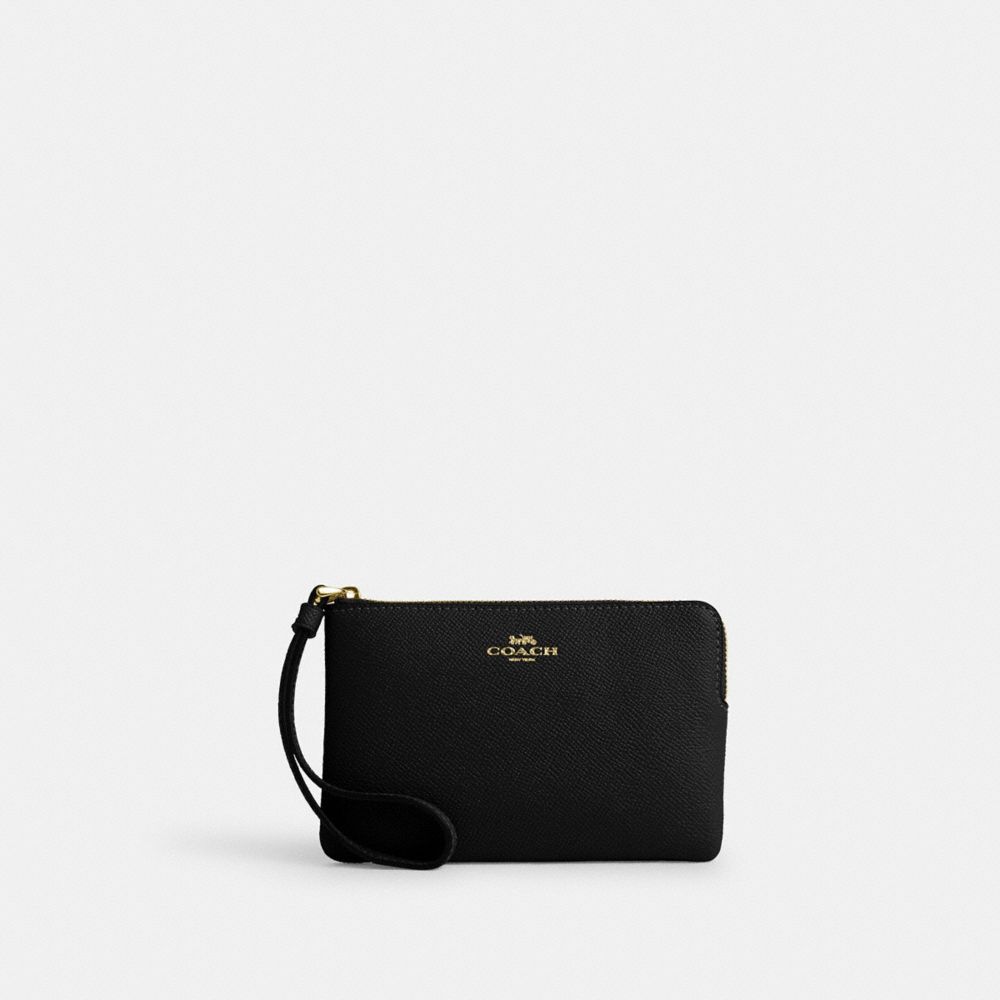 Corner Zip Wristlet Crossgrain Leather-Gold-Black Crossgrain Leather-Gold-Black
