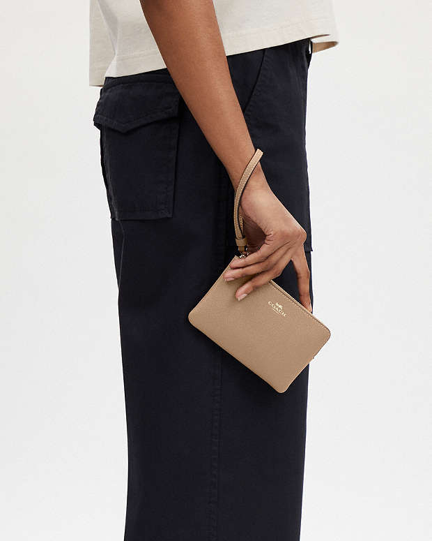 Corner Zip Wristlet Crossgrain Leather-Gold-Taupe Crossgrain Leather-Gold-Taupe