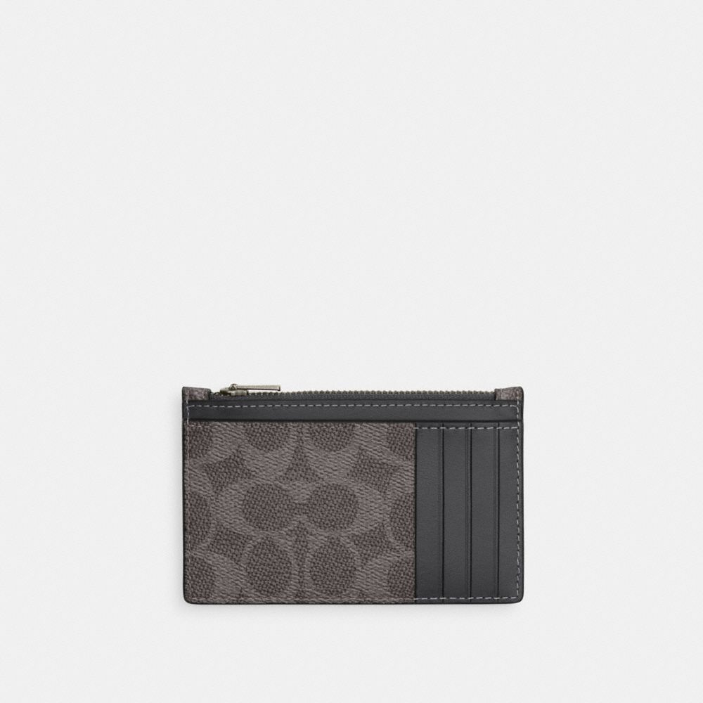 Coach Zip Card Case In Signature Canvas Gunmetal/Grey/Charcoal