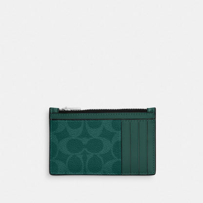 Coach Zip Card Case In Signature Canvas Silver Sea Green