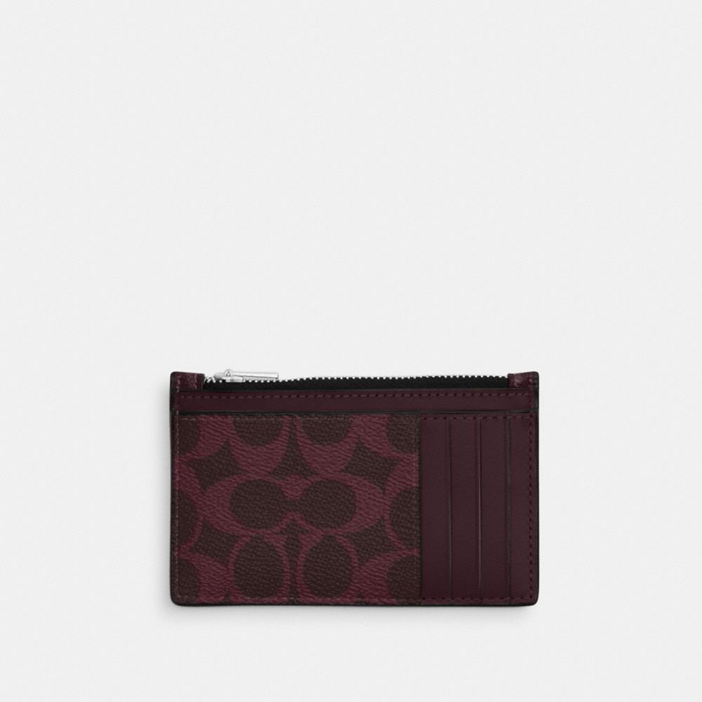 Coach Zip Card Case In Signature Canvas Sv/Black Currant