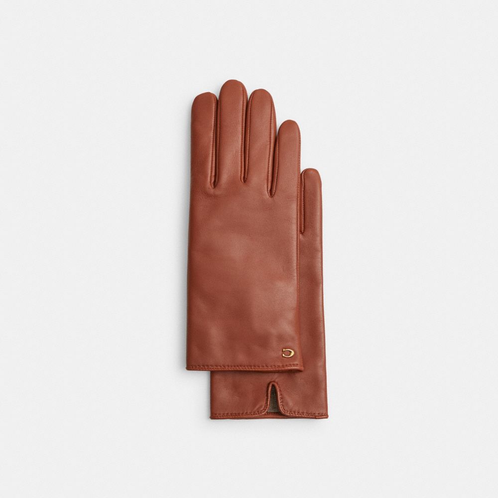 Coach Sculpted Signature Leather Tech Gloves Saddle
