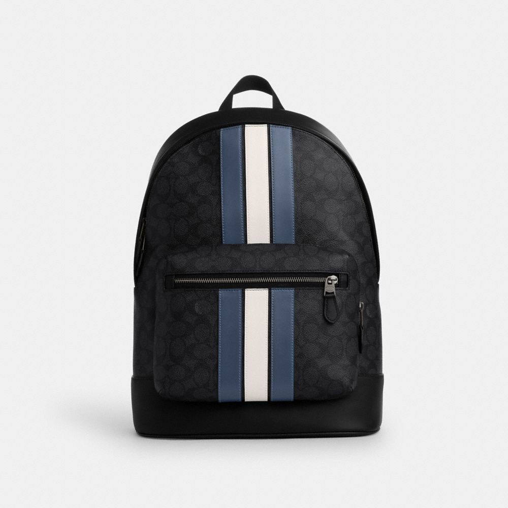 West Backpack In Signature Canvas With Varsity Stripe Signature Canvas-Gunmetal-Charcoal-Denim-Chalk Signature Canvas-Gunmetal-Charcoal-Denim-Chalk