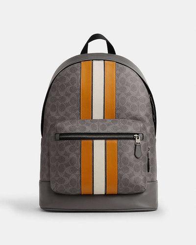 West Backpack In Signature Canvas With Varsity Stripe Signature Canvas-Qb-Grey-Ochre-Chalk Signature Canvas-Qb-Grey-Ochre-Chalk