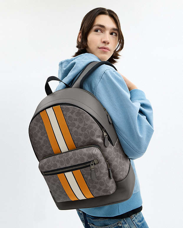 West Backpack In Signature Canvas With Varsity Stripe Signature Canvas-Qb-Grey-Ochre-Chalk Signature Canvas-Qb-Grey-Ochre-Chalk