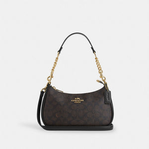 Coach Teri Shoulder Bag in Signature Canvas Gold Walnut Black front view