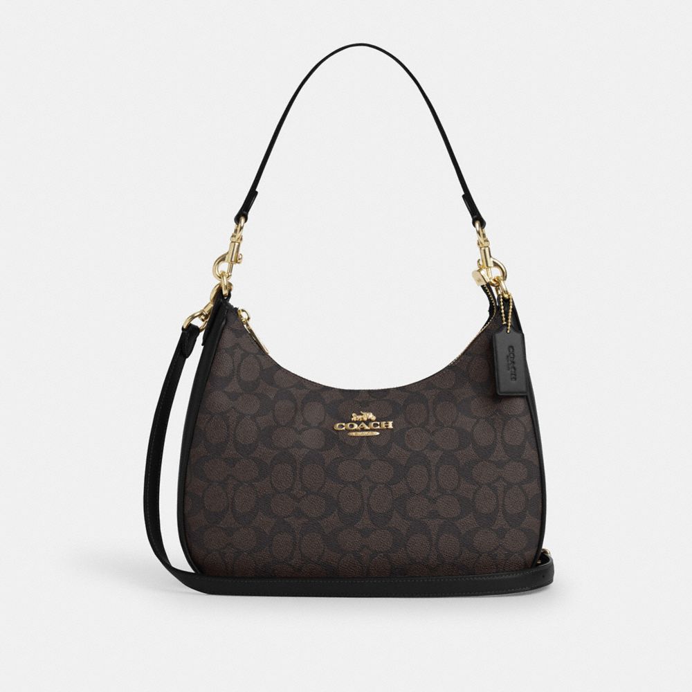 Coach Teri Hobo Bag In Signature Canvas Gold Walnut Black