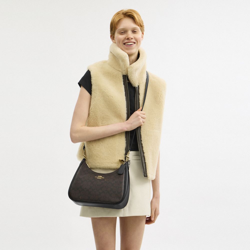 Coach Teri Hobo Bag In Signature Canvas Gold Walnut Black