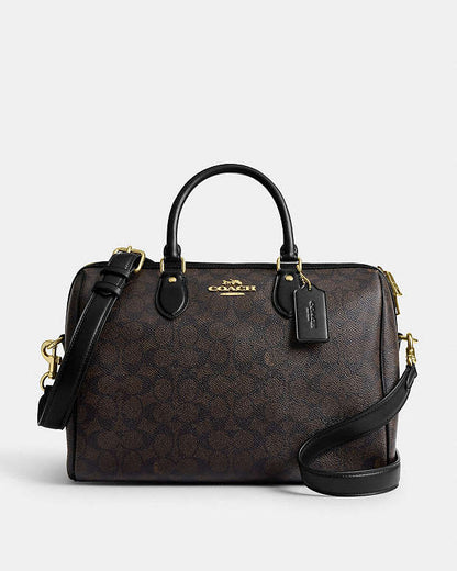 Rowan Large Satchel Bag In Signature Canvas Signature Canvas-Gold-Walnut-Black Signature Canvas-Gold-Walnut-Black