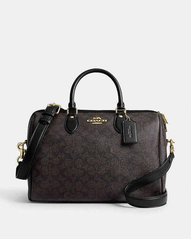Rowan Large Satchel Bag In Signature Canvas Signature Canvas-Gold-Walnut-Black Signature Canvas-Gold-Walnut-Black