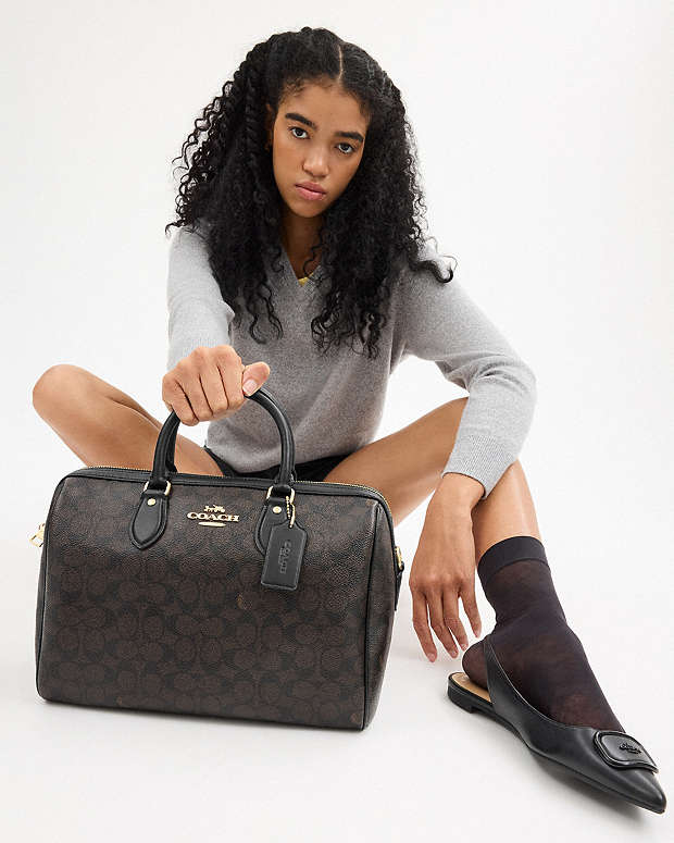 Rowan Large Satchel Bag In Signature Canvas Signature Canvas-Gold-Walnut-Black Signature Canvas-Gold-Walnut-Black