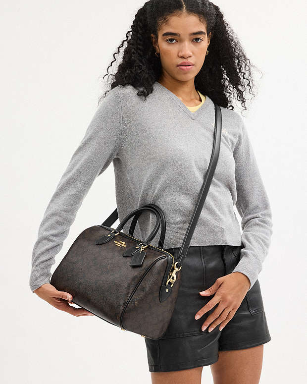 Rowan Large Satchel Bag In Signature Canvas Signature Canvas-Gold-Walnut-Black Signature Canvas-Gold-Walnut-Black