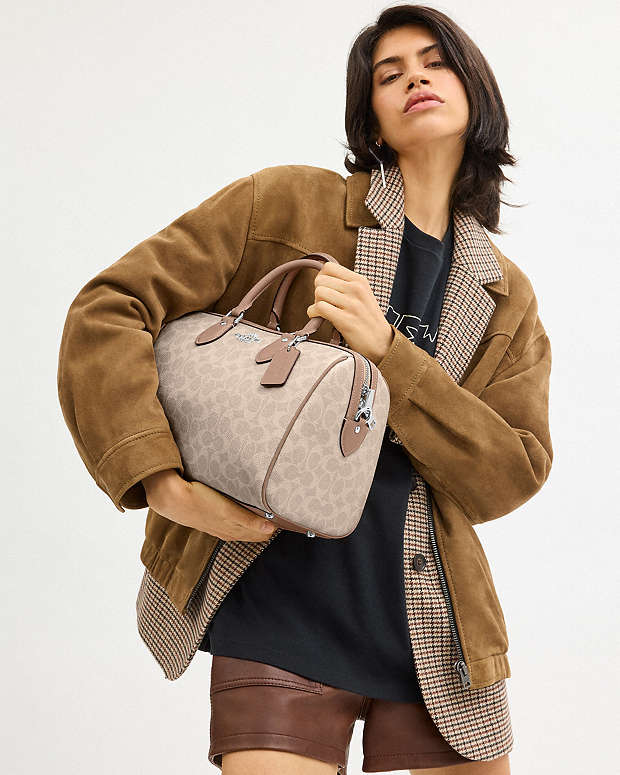 Rowan Large Satchel Bag In Signature Canvas Signature Canvas-Silver-Sand-Taupe Signature Canvas-Silver-Sand-Taupe
