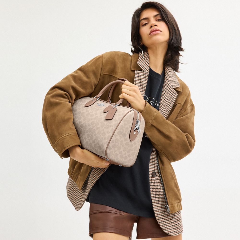 Rowan Large Satchel Bag In Signature Canvas Signature Canvas-Silver-Sand-Taupe Signature Canvas-Silver-Sand-Taupe