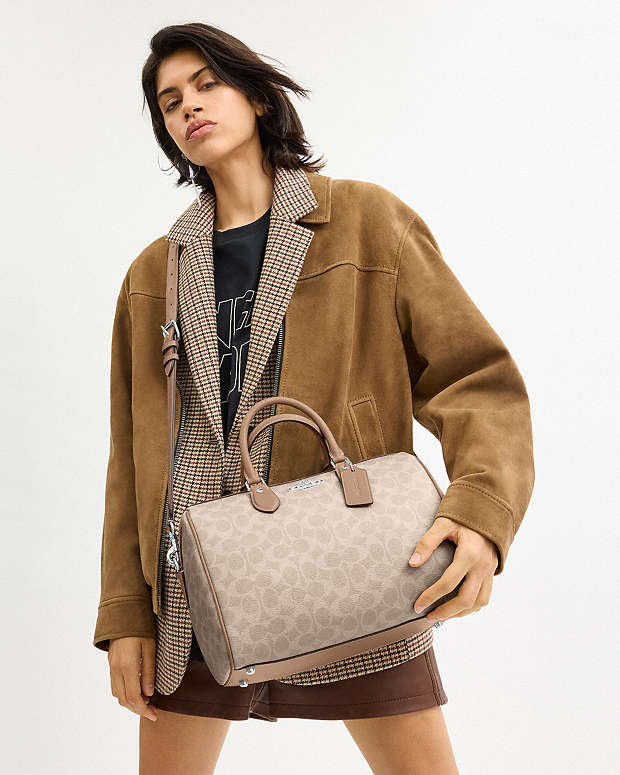 Rowan Large Satchel Bag In Signature Canvas Signature Canvas-Silver-Sand-Taupe Signature Canvas-Silver-Sand-Taupe