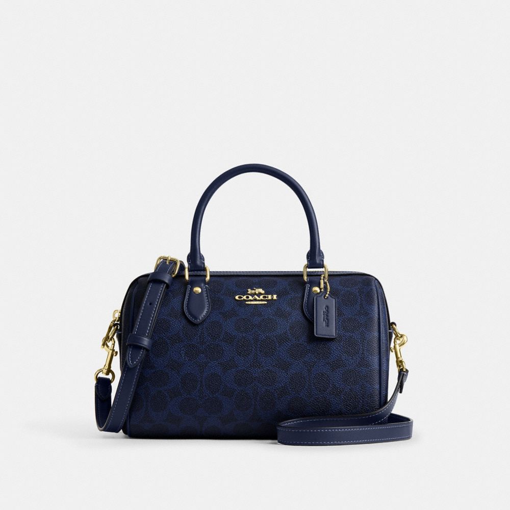 Coach Rowan Satchel Bag In Signature Canvas Gold/Navy