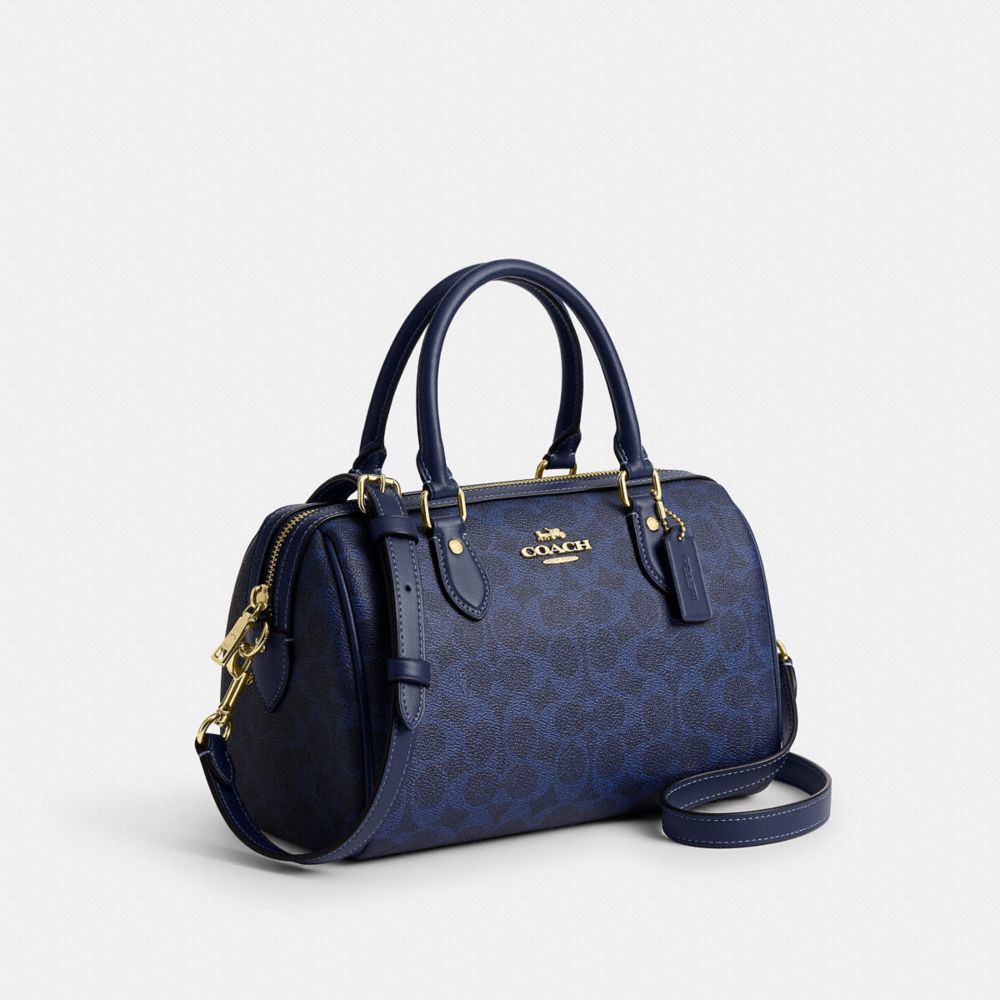 Coach Rowan Satchel Bag In Signature Canvas Gold/Navy