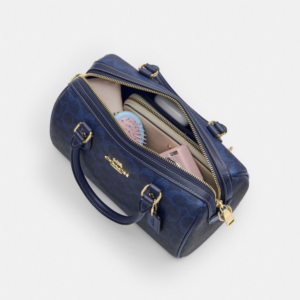 Coach Rowan Satchel Bag In Signature Canvas Gold/Navy