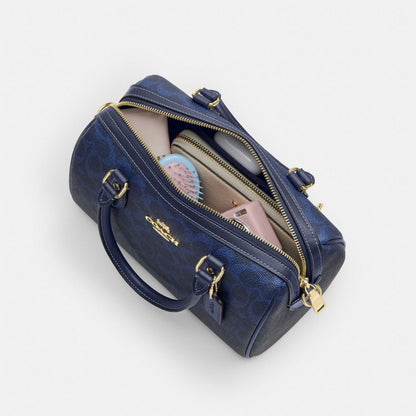 Coach Rowan Satchel Bag In Signature Canvas Gold/Navy