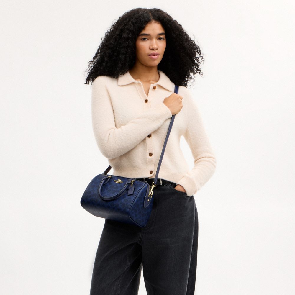 Coach Rowan Satchel Bag In Signature Canvas Gold/Navy