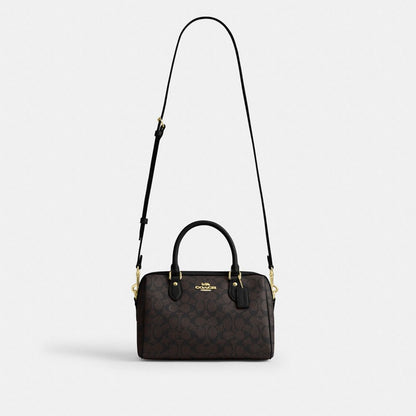 Coach Rowan Satchel Bag In Signature Canvas Gold Walnut Black