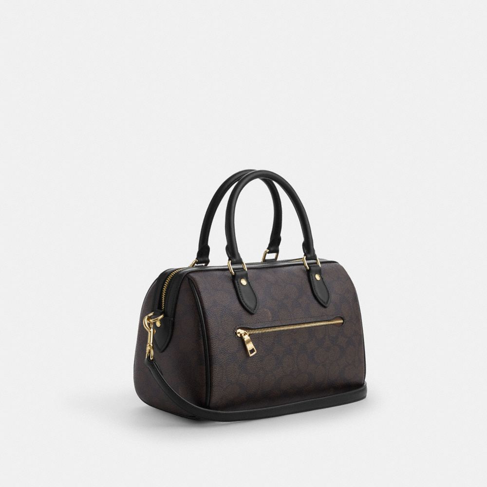 Coach Rowan Satchel Bag In Signature Canvas Gold Walnut Black