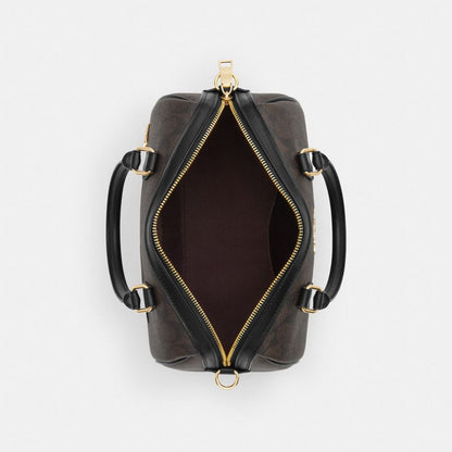 Coach Rowan Satchel Bag In Signature Canvas Gold Walnut Black