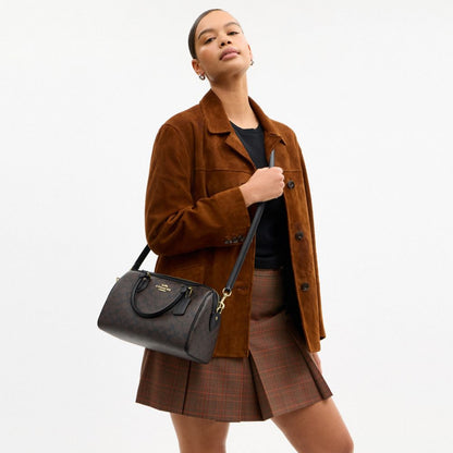 Coach Rowan Satchel Bag In Signature Canvas Gold Walnut Black