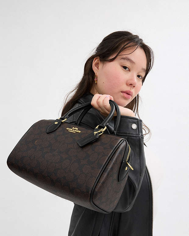Rowan Satchel Bag In Signature Canvas Signature Canvas-Gold-Walnut-Black Signature Canvas-Gold-Walnut-Black