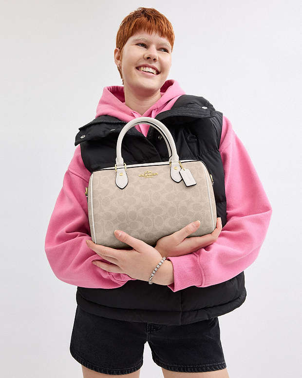 Rowan Satchel Bag In Signature Canvas Signature Canvas-Gold-Sand-Chalk Signature Canvas-Gold-Sand-Chalk