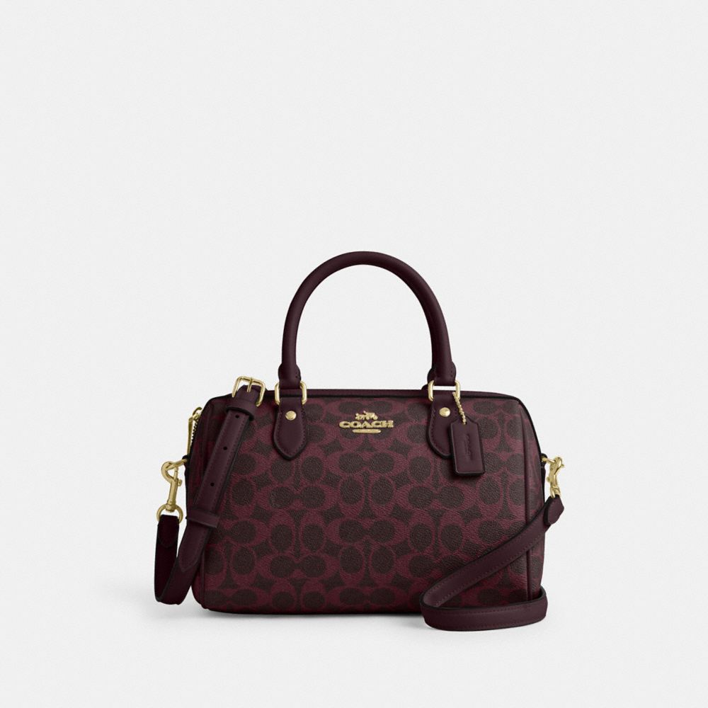 Coach Rowan Satchel Bag In Signature Canvas Gold/Black Currant Multi