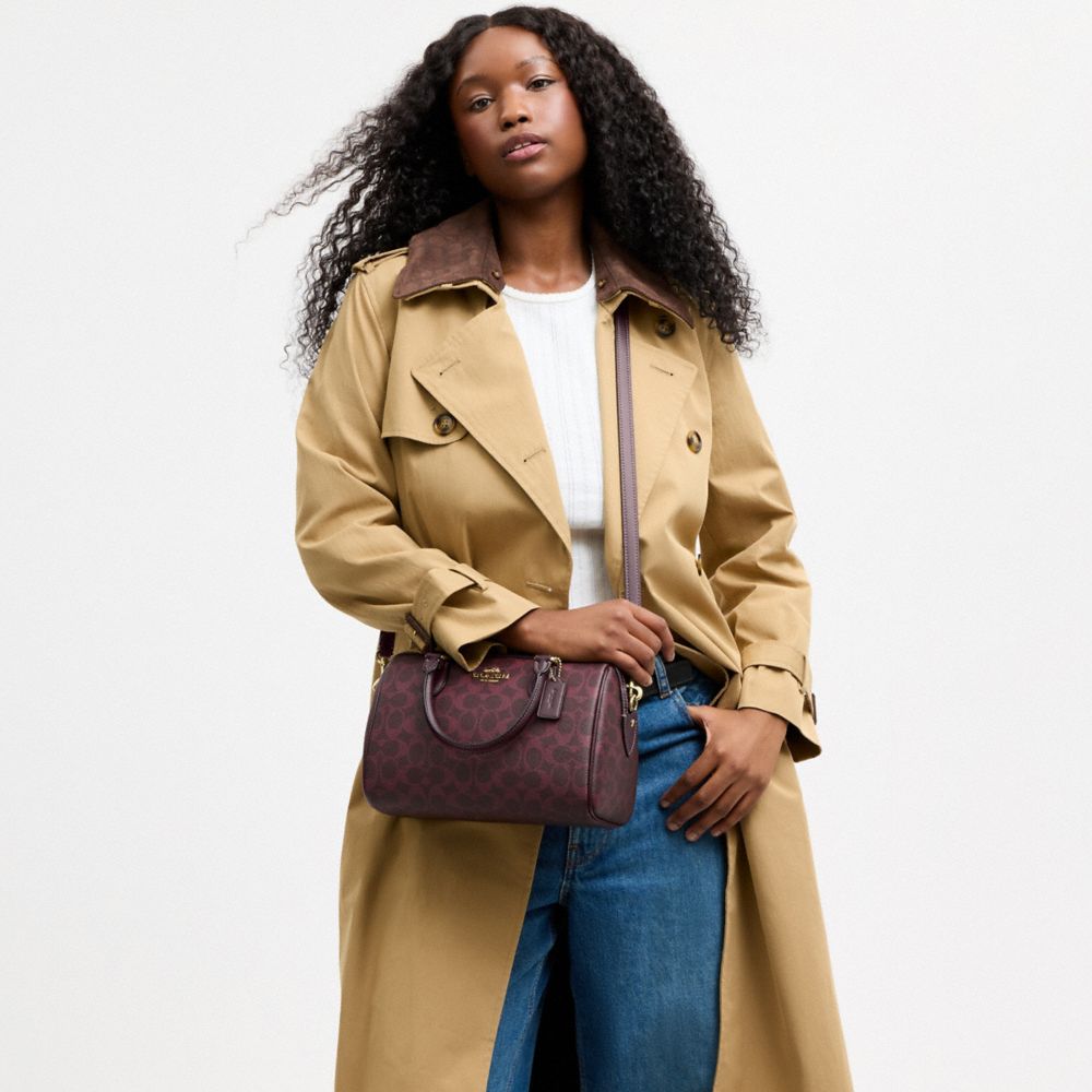 Coach Rowan Satchel Bag In Signature Canvas Gold/Black Currant Multi