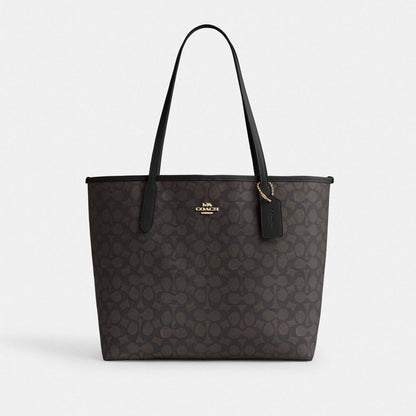 Coach City Tote Bag In Signature Canvas Gold Walnut Black