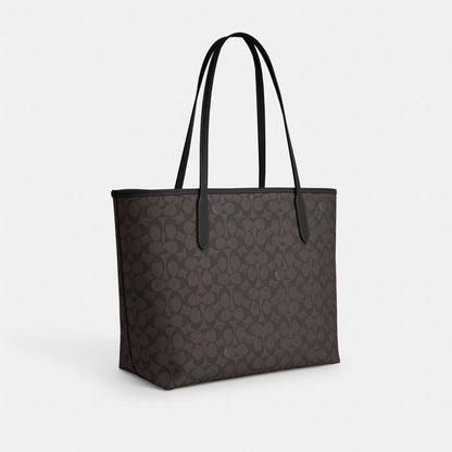 Coach City Tote Bag In Signature Canvas Gold Walnut Black