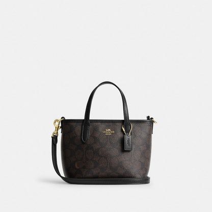 Coach City Mini Tote Bag In Signature Canvas Gold/Walnut/Black